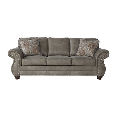 91" Upholstered Rolled Arm Queen Sleeper Sofa With Pewter Nailheads - Goliath Mica