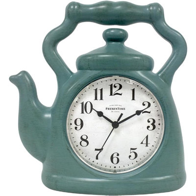 11 inch teapot clock with silent ticking sound, modern farmhouse wall and fireplace stand two in one clock, aged green and green