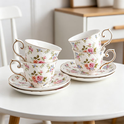 Ensemble de tasses à thé et soucoupes en céramique de 4 tasses à café blanches de 6 oz avec motif floral pour café, café au lait, café moka et thé