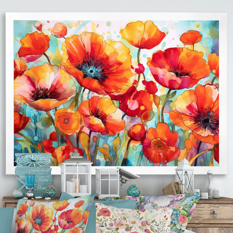 Brilliant Poppies V - Art mural floral, H 24 po x l 32 po x P 1 po, Cadre simple blanc