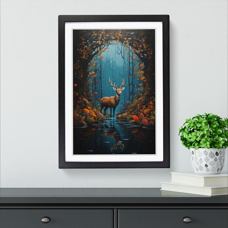 Deer Hard Edge - Single Picture Frame Print on Wood, 34cm H x 25cm W, Black Framed