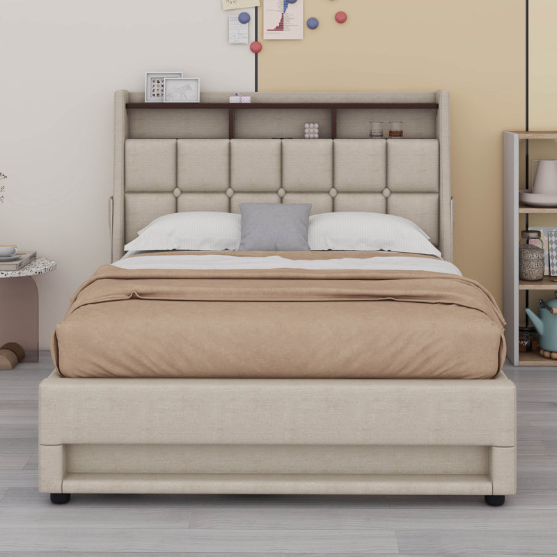 Structure de lit double avec tête de lit et rangement en dessous, cadre de lit plateforme tapissier et lit intelligent avec station de charge, lumières DEL