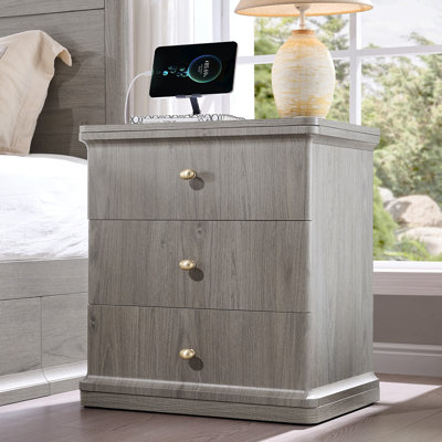 Abarca 23.6" Tall Modern Nightstand with Charging Station, 21.65" Wide Wood Bedside Table w/3 Storage Drawers, Large Mid Century End Table for Bedroom,Gray