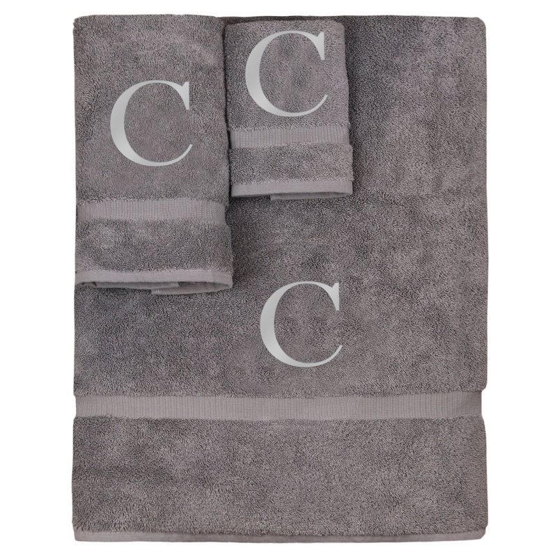 Ensemble de serviettes monogrammées - ensemble de 3 - lettre-bloc, C, Gris / Argent