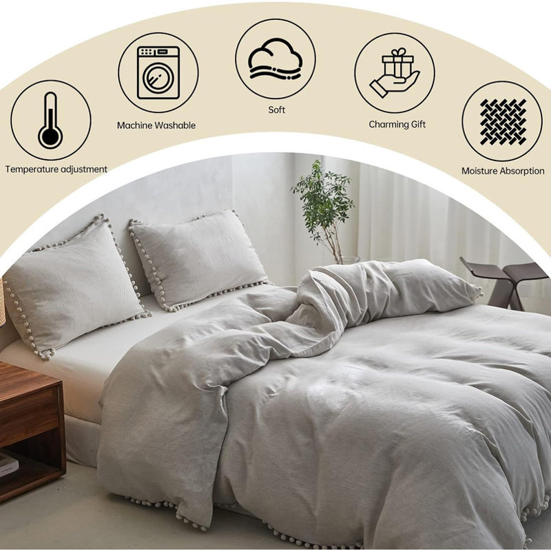 Ensemble de lit avec housse de couette en lin français, 1 housse d'édredon et 2 taies décoratives, Lin lin