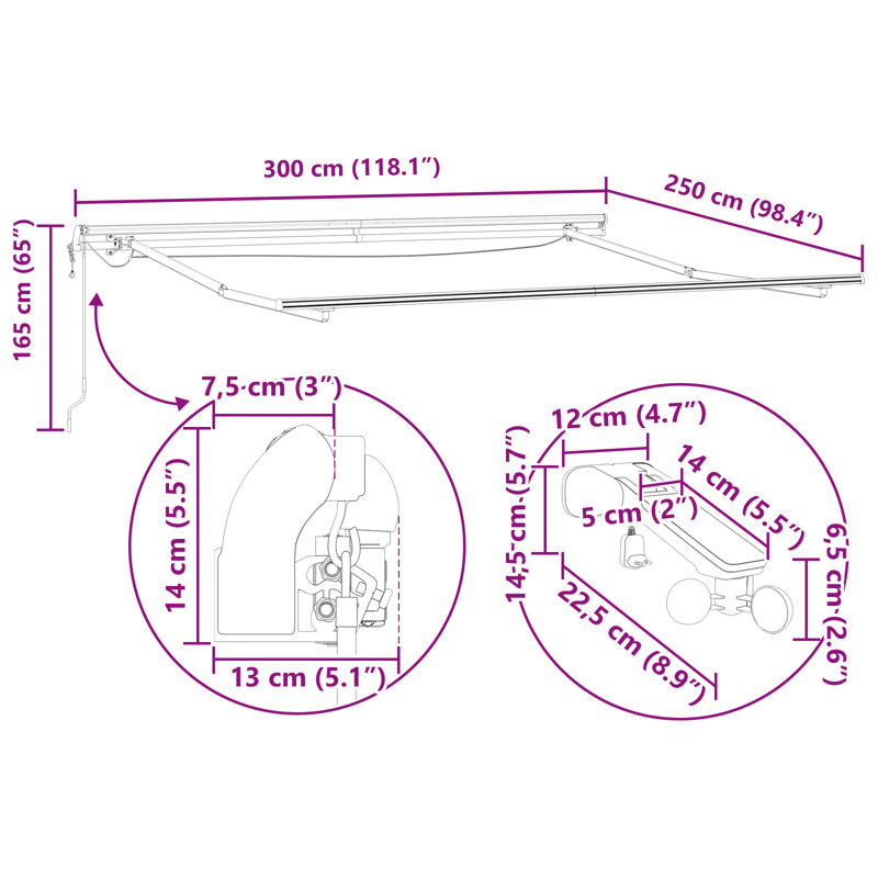 Ebern Designs Polyester Cover Retractable Patio Awning, Red, 300 cm W x 250 cm D