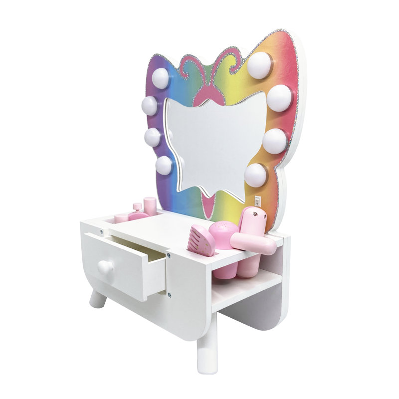 Colorful Butterfly-Shaped Tabletop Vanity with LED Lights and Accessories