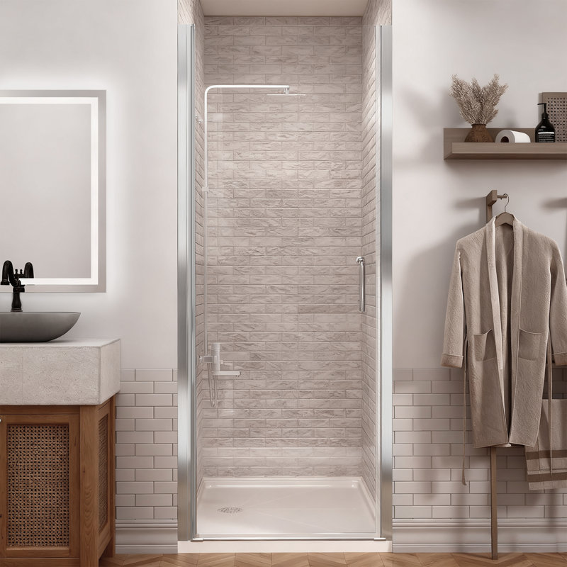 Porte de douche à charnière pivotante sans cadre en chrome avec verre transparent