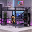 Grand lit mezzanine en métal avec garde-robe et lumière DEL, grand lit mezzanine avec bureau en forme de L et port USB pour les adolescents adultes, noir