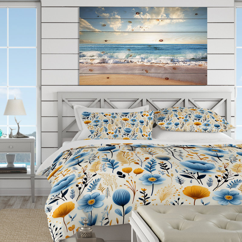 Ensemble de housse de couette bleu et jaune, Housse de couette pour grand lit et 2 taies décor