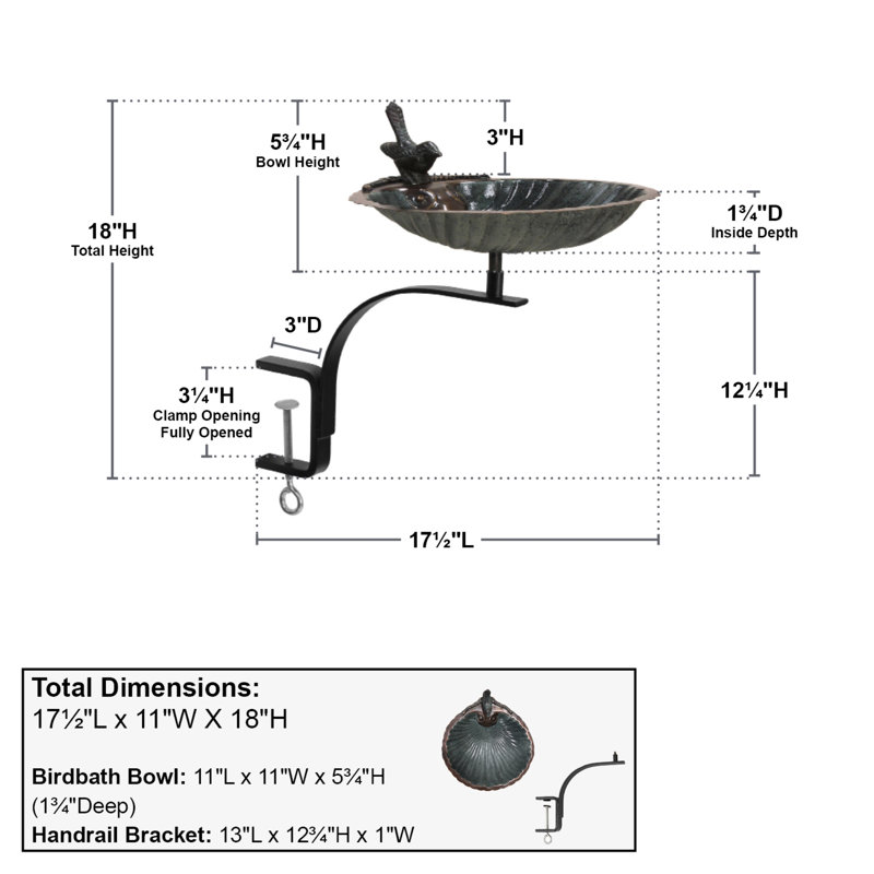 Verdigris Brass Scallop Shell Birdbath with Iron Rail Mount