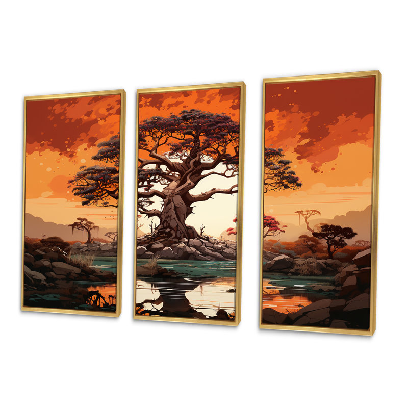 Baobab africain au coucher du soleil I - ensemble d'art mural arbre baobab, Cadre flottant doré, H 40 po x l 60 po x P 1 po