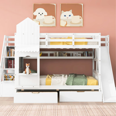 Lit superposé blanc, 2 tiroirs, 3 tablettes, glissade, décor de chambre à coucher blanc essentiel, aspect bois naturel, capacité de poids élevée