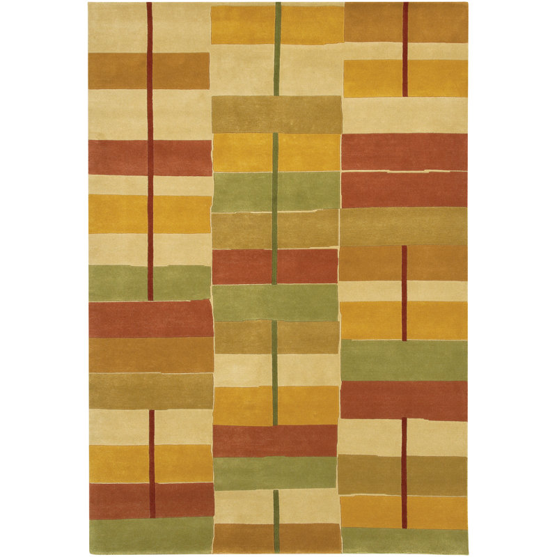 Tapis jaune, rouge, vert et brun en laine nouée à la main Callida, Rectangle 7 pi 9 po x 10 pi 6 po