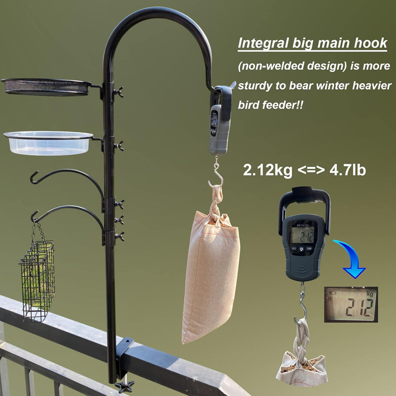 Upgraded Bird Feeding Station Kit,Deck Railing Mounted Birds Feeder Pole For Balcony With 3 Hooks,Bird Bath,Metal Mesh Tray And Suet Cage,Multi-Design Style,Used For Plant Hanger