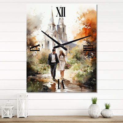 Couple In Love Wedding Chapel Rustic Watercolor - Romantic Landscape Wall Clock