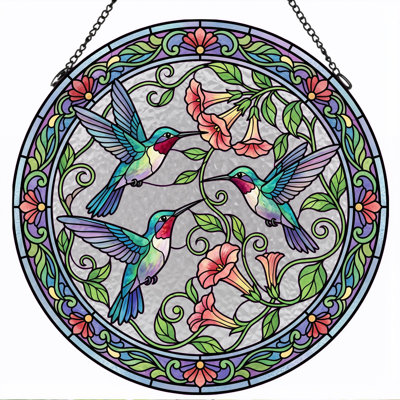 Panneau de vitrail à motif floral Colibri ， H 12 po