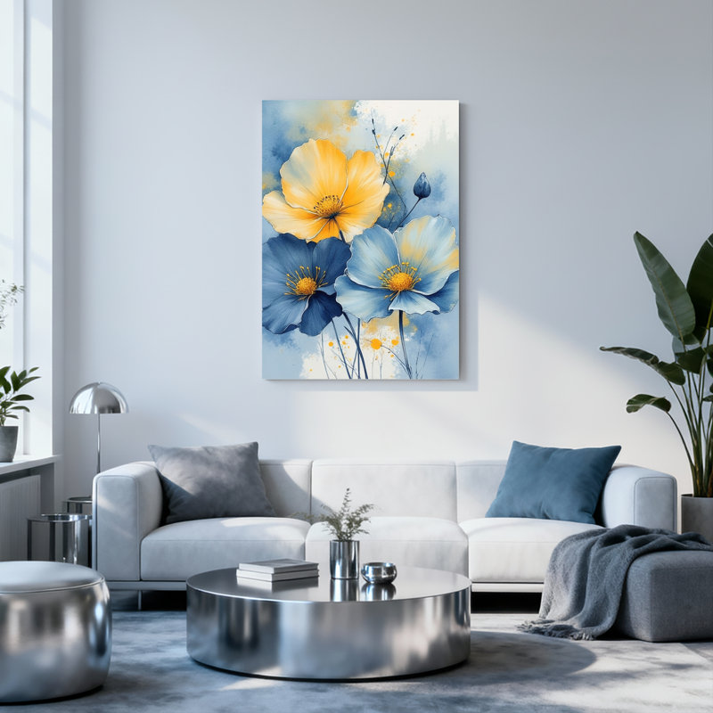 Ensemble de 1 tableau sur toile tendue représentant un motif floral de coquelicots bleus et jaunes, H 18 po x l 12 po