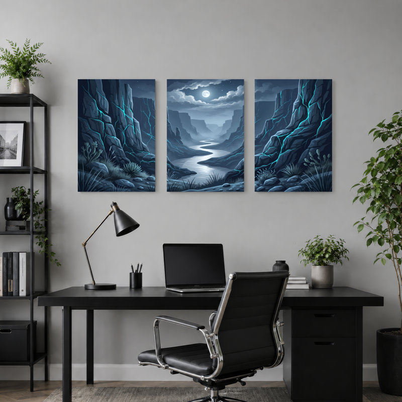 Moonlit Canyon Art sur toile tendue, impression sur toile, ensemble de 3, pour salon, chambre à coucher, décoration intérieure