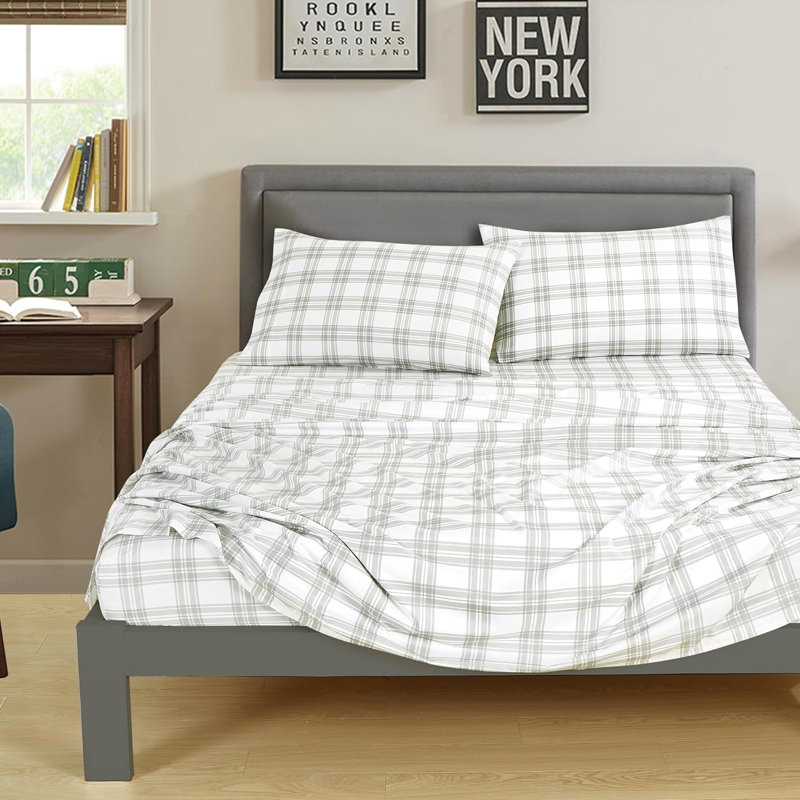 Brushed Microfiber Plaid Sheet Set, King Sheet Set + 1 Fitted Sheet + 2 Pillowcases, Gray/White