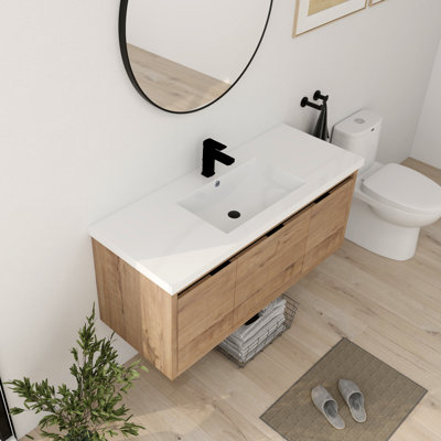 Ensemble de meuble-lavabo simple 48 po Zalet, meuble-lavabo mural simple, meuble-lavabo flottant avec plateau en résine blanche