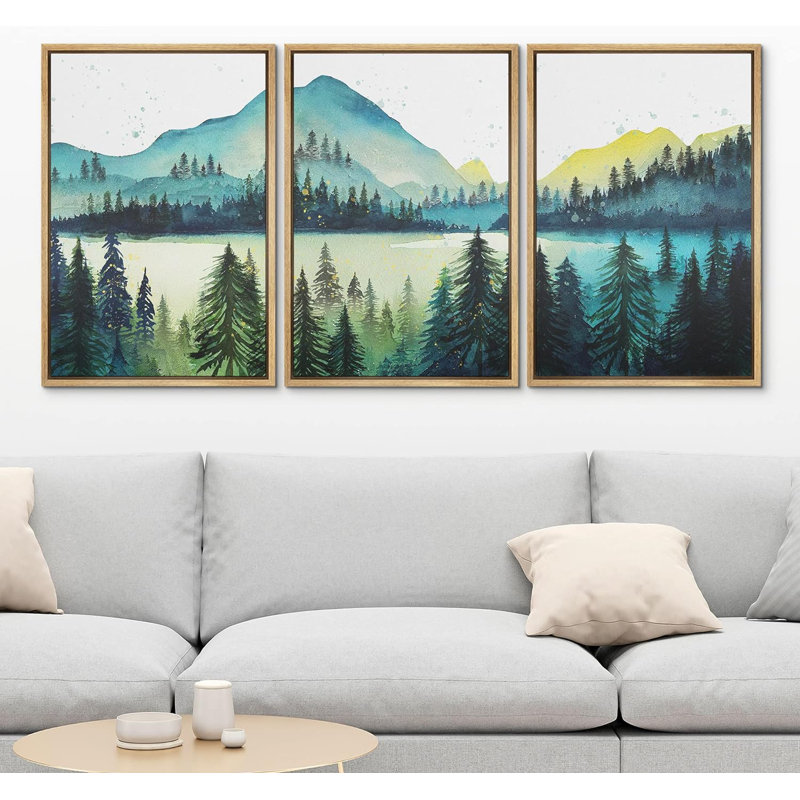 Forêt boisée, paysage, aquarelle, bleu pastel, vert, pin, montagne, 3 pièces, H 24 po x l 16 po x P 1,5 po, Naturel