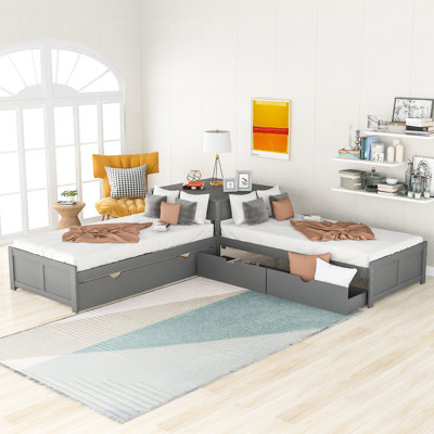 L-shaped Platform Bed, Twin, Gray - With Drawers, Trundle, And Practical Built-in Desk Twin Bed With Desk, Trundle Drawers For Exquisite Bedroom