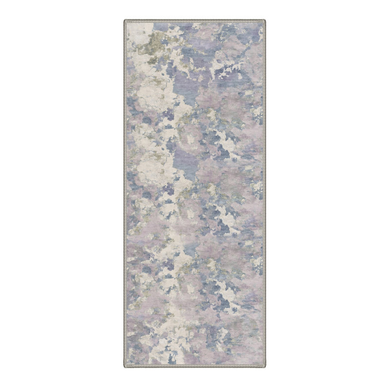 Tapis de couloir abstrait bleu / lavande / ivoire lavable à la machine avec envers antidérapant, Rond 5 pi