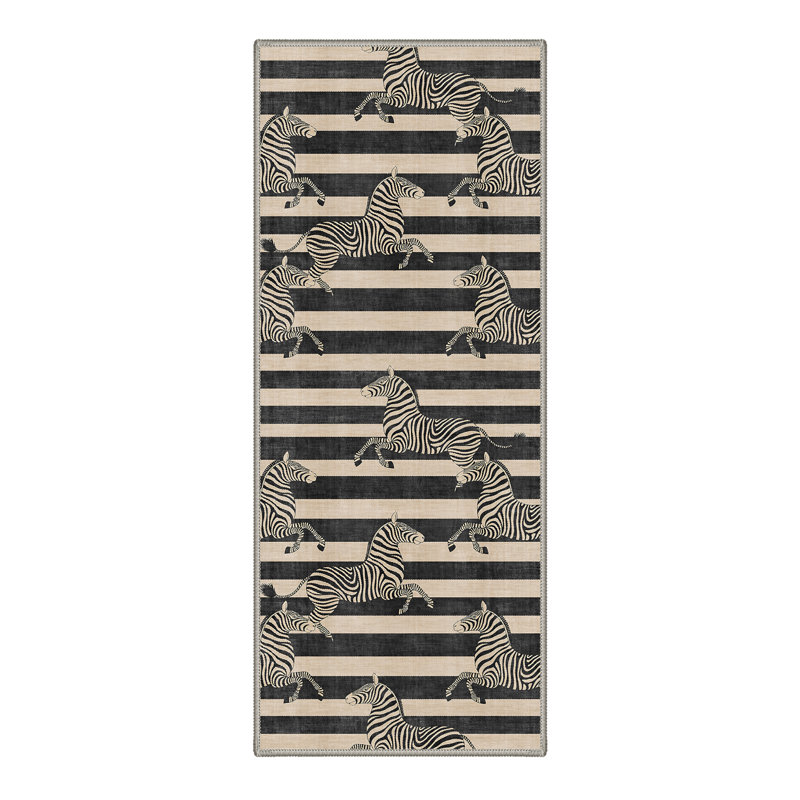 Zebra Striped Animal Print Black / Beige Machine Washable Non Slip Runner Rug for Hallway Kitchen, Runner 2' x 6'