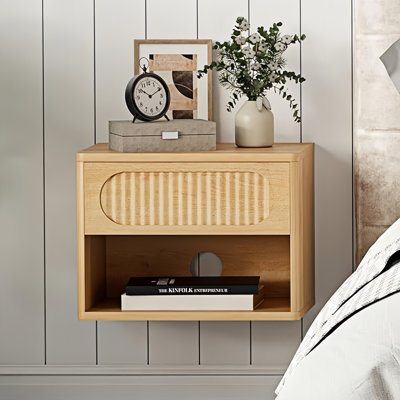 Fluted Nightstands Set Of 2, Wall Mounted With Drawer & Open Shelf, Modern Bedside Storage Cabinets For Small Spaces.( Natural )