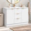 Meuble-lavabo autoportant blanc de 121,4 cm (47,8 po), en MDF à panneaux cannelés, avec 2 tiroirs et 2 portes, charnières à fermeture amortie, étagères réglables et tablette de rangement double intégrée à la porte.