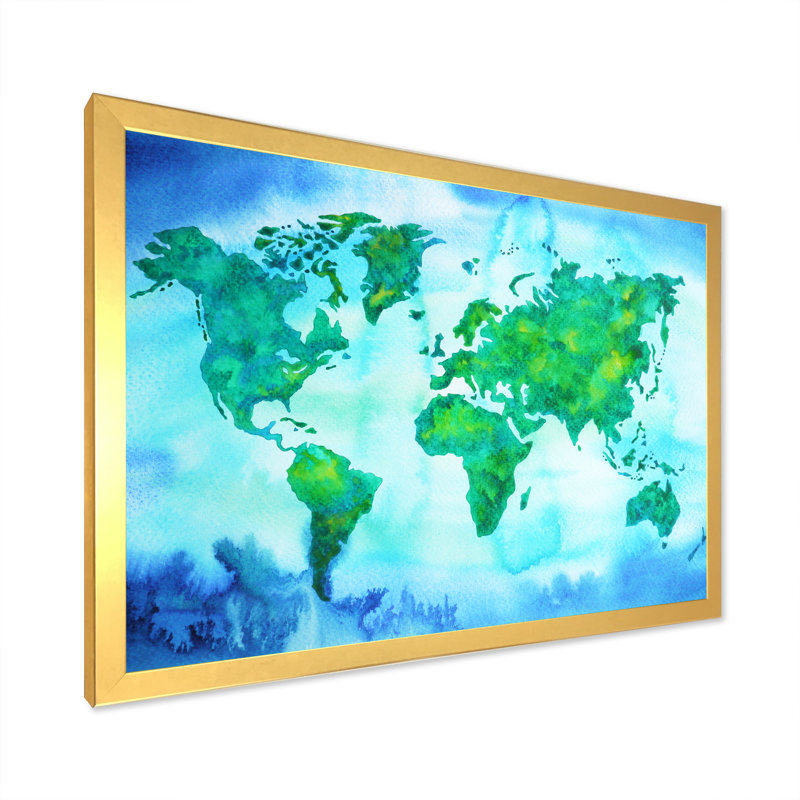 «World Map Blue Green Tone», reproduction sur toile, H 30 po x l 40 po x P 1,5 po, Cadre doré à coins fermés