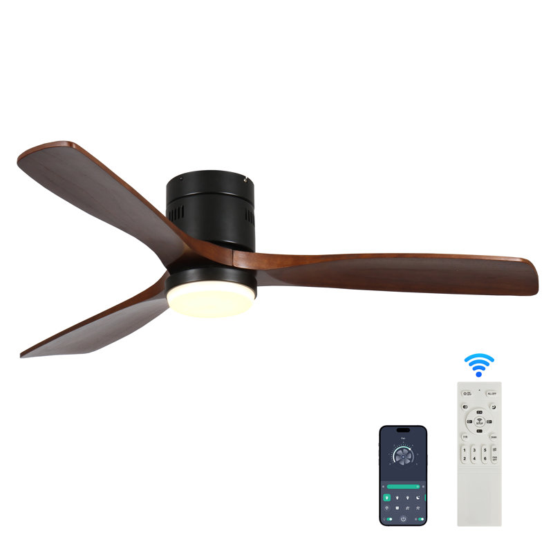 52 po Ventilateur de plafond intérieur en bois à 3 pales avec lumière et télécommande, à intensité variable, moteur à courant continu réversible, fonction mémoire