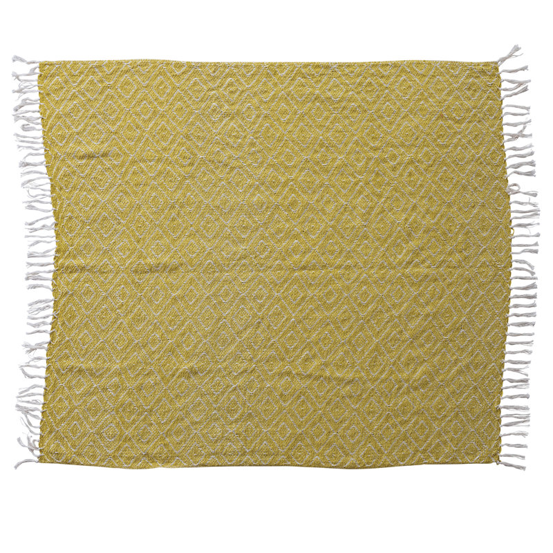 Woven Fabric Chenille Throw With Diamond Pattern And Fringe