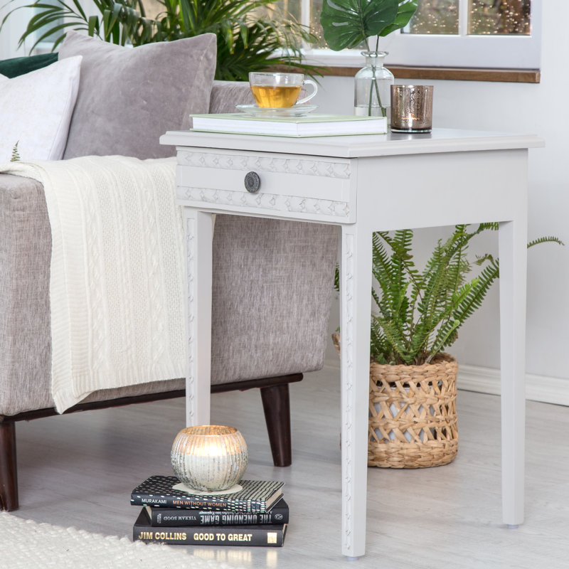 Light Gray Mango Wood End Table with Drawer and Iron Frame