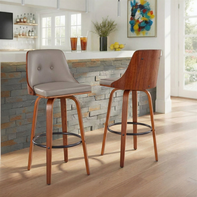 Tabouret de bar et de comptoir Archaimbaud, Similicuir gris pâle, Tabouret de bar (hauteur d'assise de 29,5 po), Noir