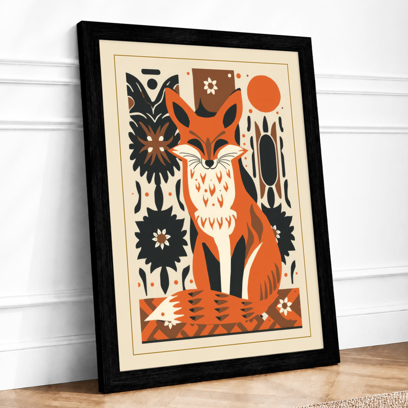 Folk Art Fox Scandinavian - Framed Print, A4 - 29.7 x 21.0 cm, Black