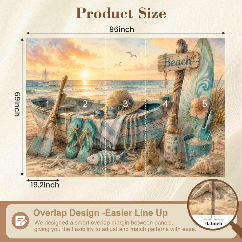 Papier peint adhésif pelez et collez, scène de plage rustique, bateau rétro, accessoires d'été, art mural coucher de soleil, auto-adhésif et amovible