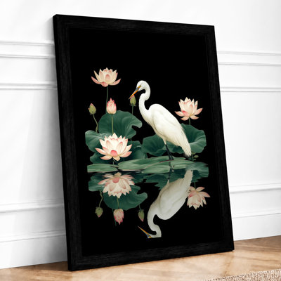 Egret Among Lotus Japandi - Framed Print