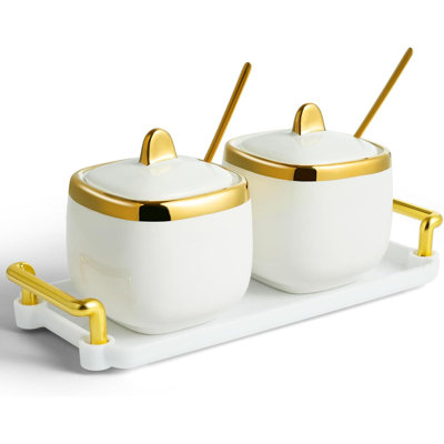 2 Pack Gold Trim Porcelain Sugar Spice Jars with Lid Spoon and Storage Tray Countertop Condiment Container