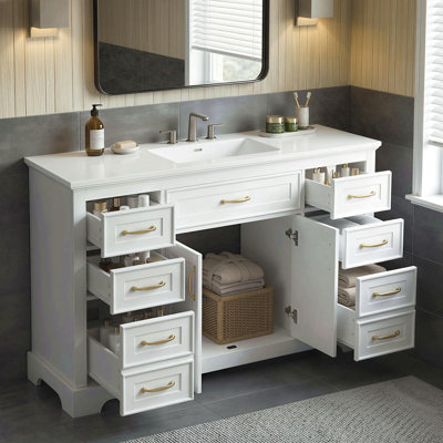 Meuble-lavabo de 121,4 cm (47,8 po) avec lavabo, armoire de salle de bain avec 6 tiroirs coulissants et 2 portes, charnières à fermeture amortie, finition peinte lisse, construction robuste, blanc