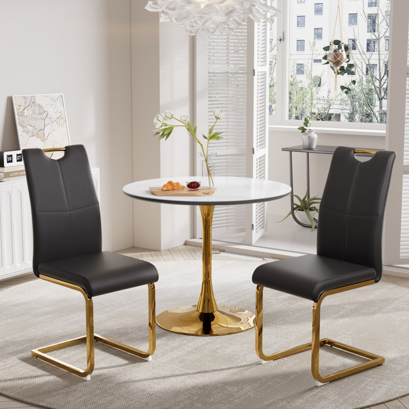 Ensemble de table à manger élégant en MDF 3 pièces pour 2 personnes, Noir et or