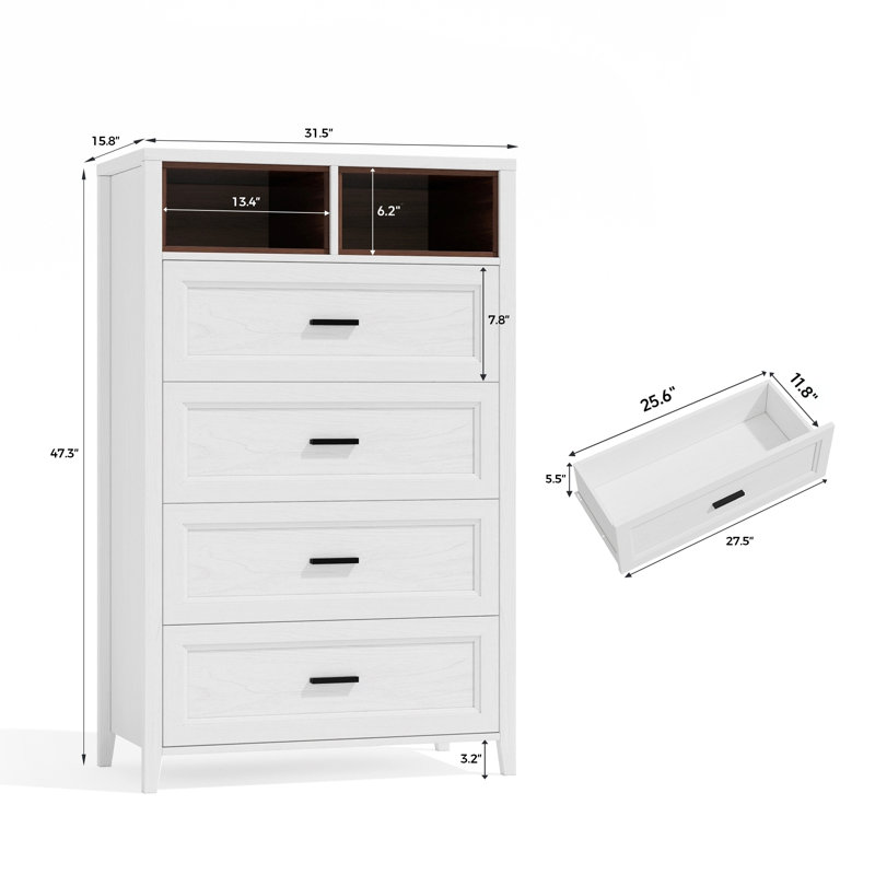 Commode 4 grands tiroirs avec 2 casiers ouverts couleur noyer, White