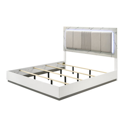 Mist Bed For Queen's Bedroom, High - Gloss Marble & Lacquer Look, Led Lit Padded Headboard, Base, Contemporary Bedroom Design Element Queen Size Two Tone Finish, Luxury, Style