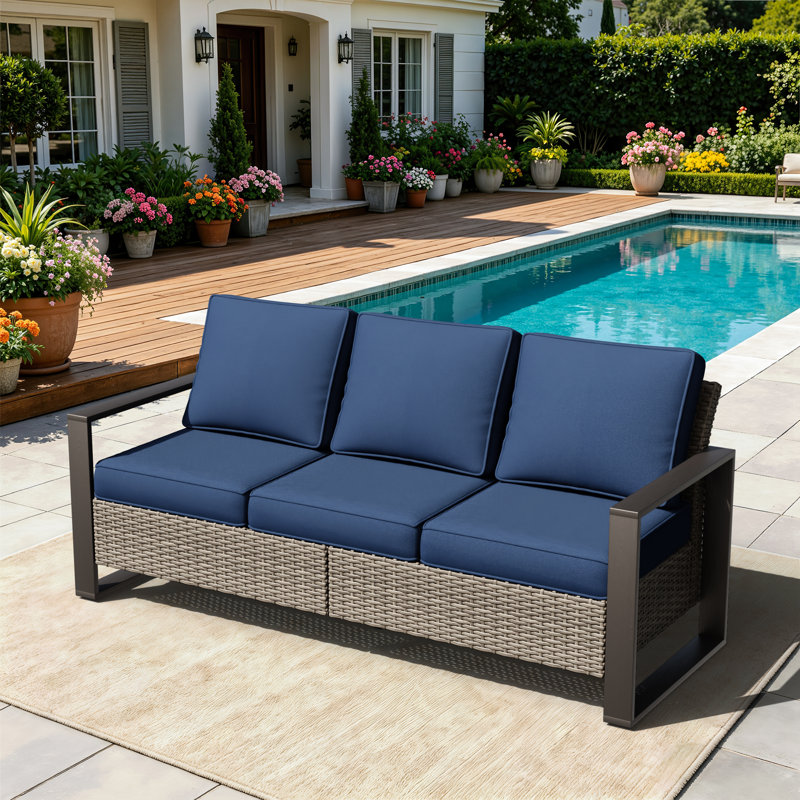 Creal 75.2'' Wide Reversible Wicker Patio Sofa with Cushions, Blue