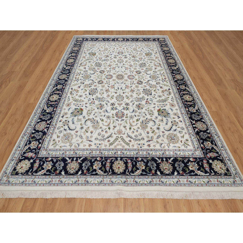 Tapis oriental blanc perle 8 pi 9 po x 12 pi 2 po, noué à la main, 250 KPSI, doux, en laine et en soie