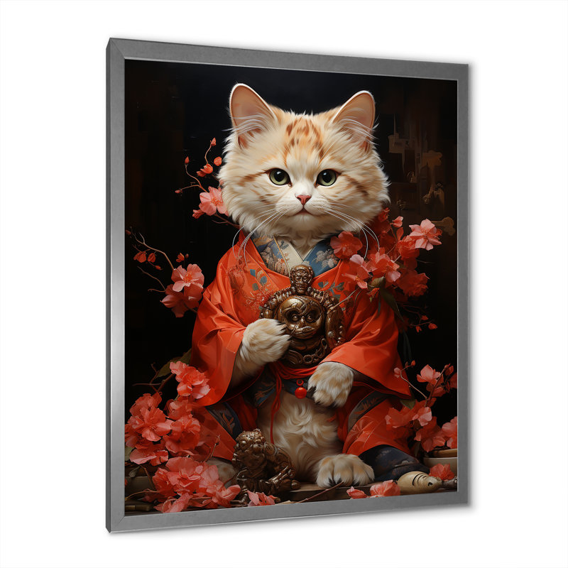 Uzay " Japon Art Waving Manekineko I ", Silver Picture Framed, 32" H x 24" W x 1" D