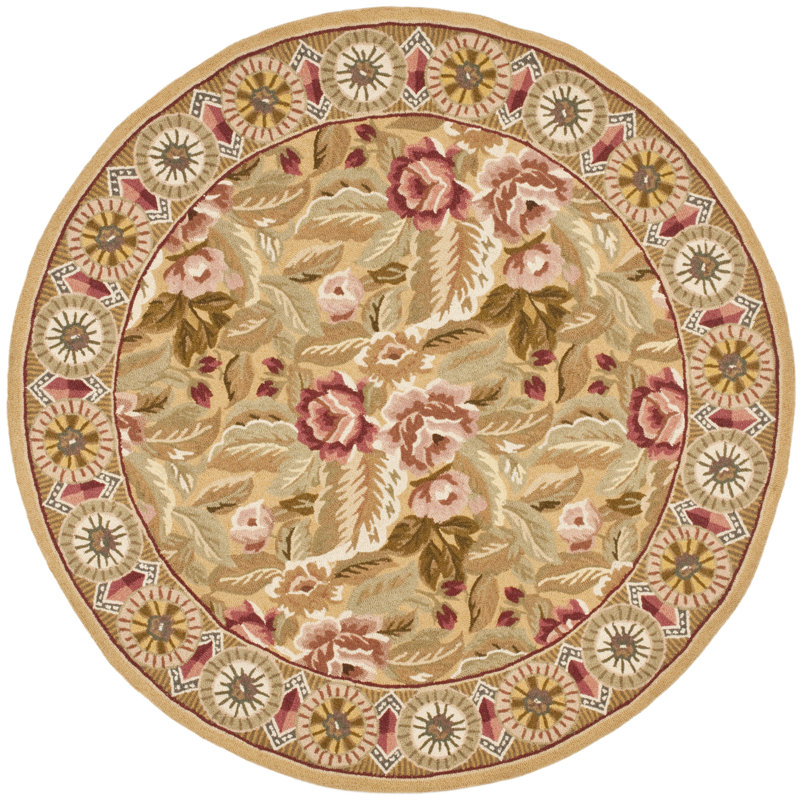 Kinchen Hand Hooked Wool Pile Floral Rug, Round 3'