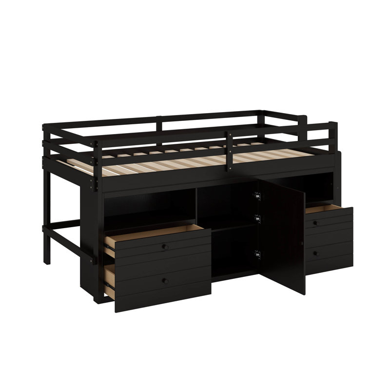 Lit mezzanine simple avec 4 tiroirs, armoire et tablettes, Espresso