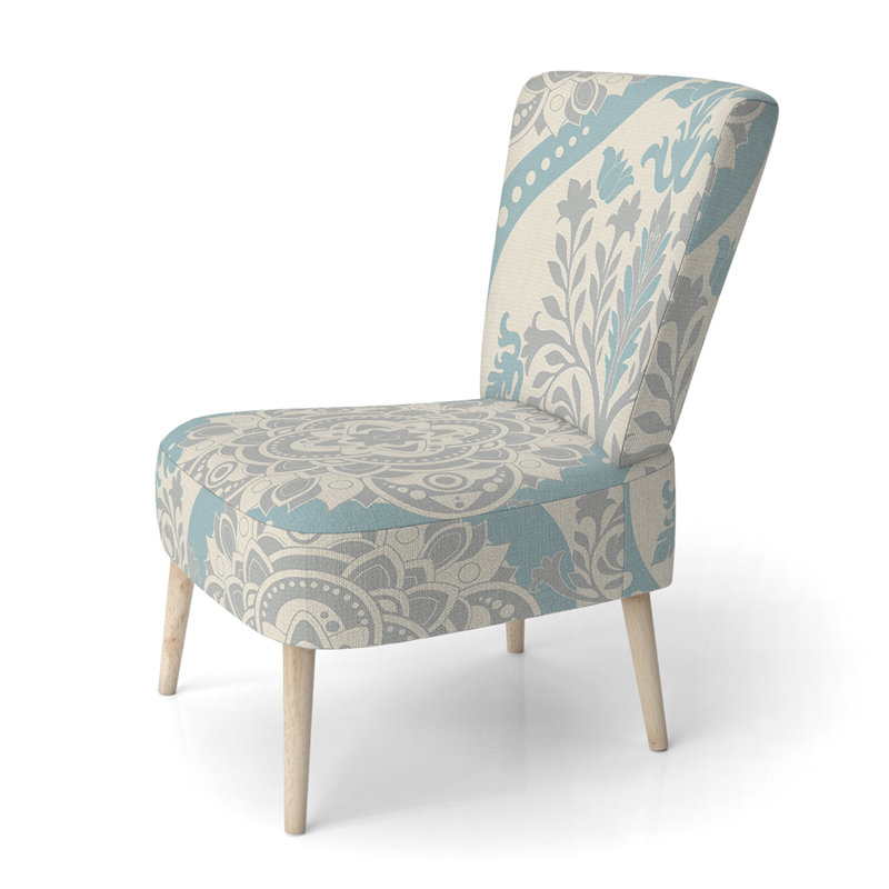 Chaise d'appoint rembourrée à motif damas bleu et crème